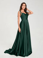 HEULORIA Tie-Shoulder Cowl Neck Satin A-Line Dress with Slit and Train ED-158