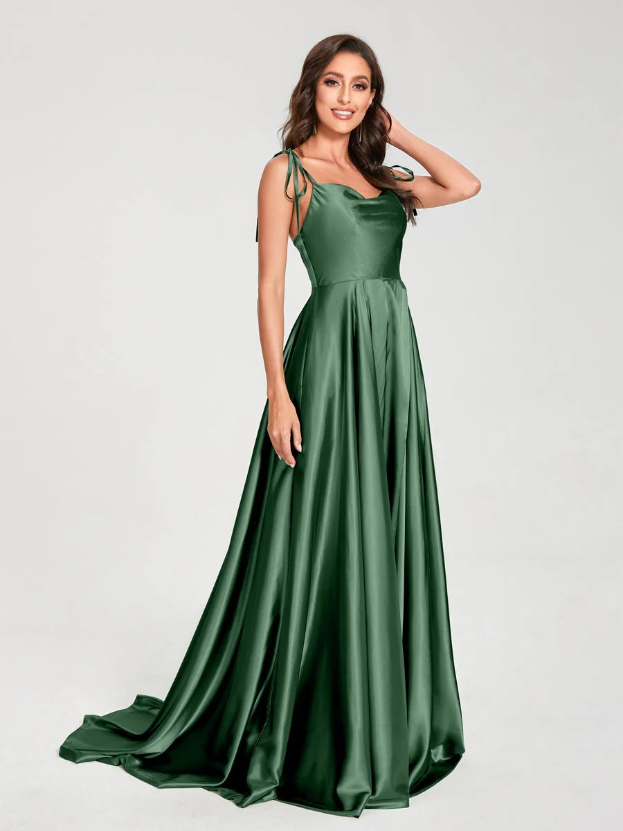 HEULORIA Tie-Shoulder Cowl Neck Satin A-Line Dress with Slit and Train ED-158