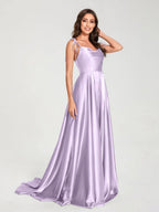 HEULORIA Tie-Shoulder Cowl Neck Satin A-Line Dress with Slit and Train ED-158
