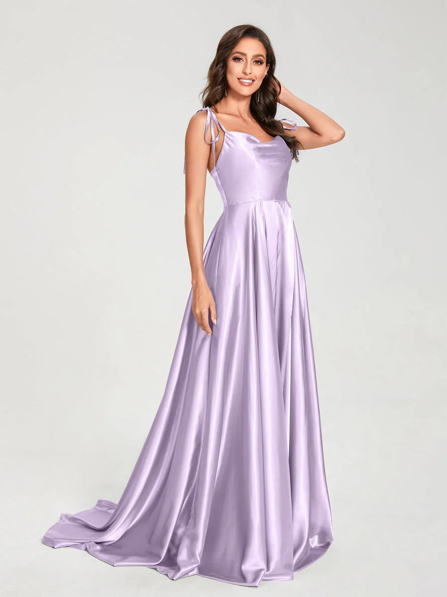 HEULORIA Tie-Shoulder Cowl Neck Satin A-Line Dress with Slit and Train ED-158