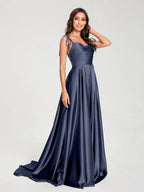 HEULORIA Tie-Shoulder Cowl Neck Satin A-Line Dress with Slit and Train ED-158