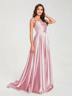 HEULORIA Tie-Shoulder Cowl Neck Satin A-Line Dress with Slit and Train ED-158