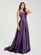 HEULORIA Tie-Shoulder Cowl Neck Satin A-Line Dress with Slit and Train ED-158