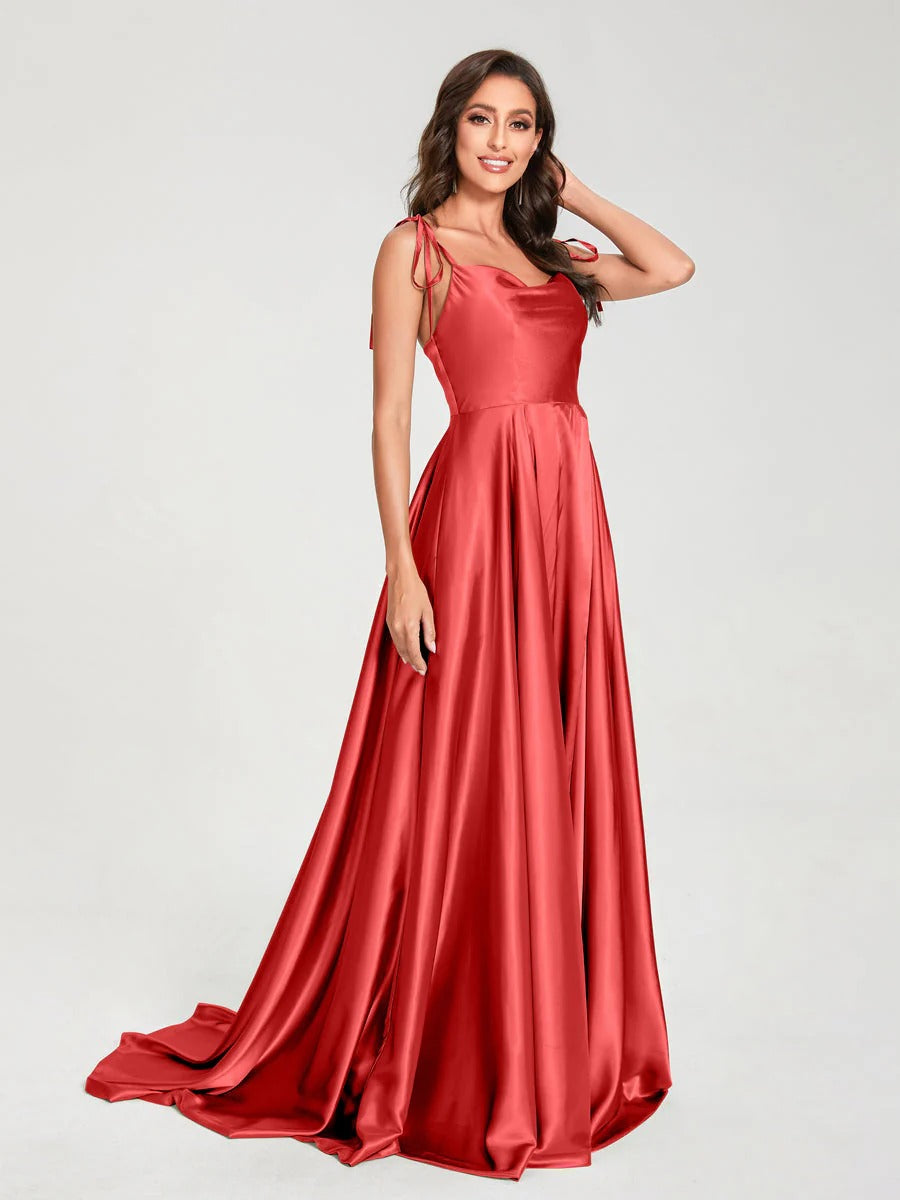 HEULORIA Tie-Shoulder Cowl Neck Satin A-Line Dress with Slit and Train ED-158