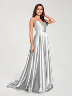 HEULORIA Tie-Shoulder Cowl Neck Satin A-Line Dress with Slit and Train ED-158