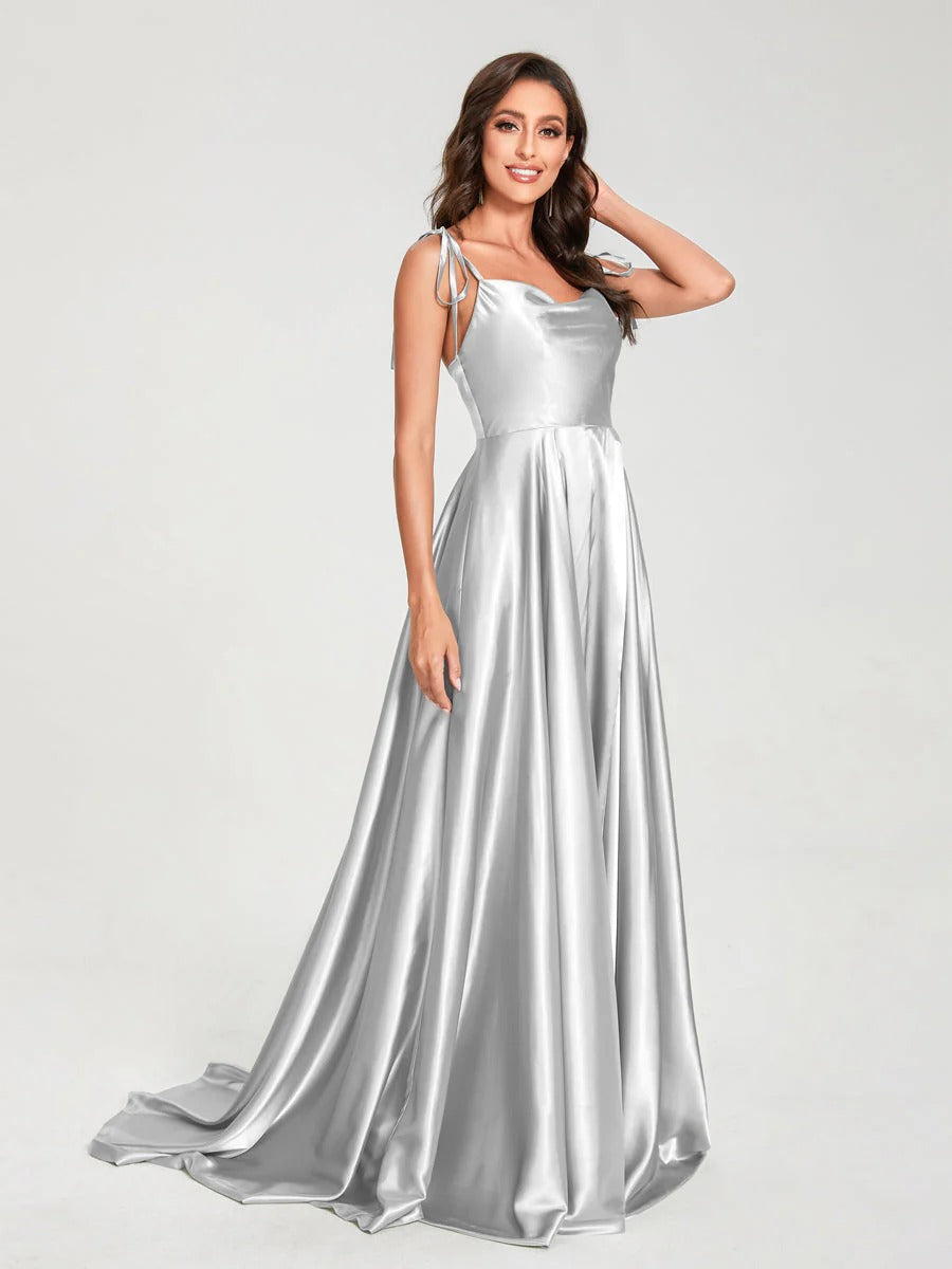 HEULORIA Tie-Shoulder Cowl Neck Satin A-Line Dress with Slit and Train ED-158