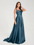 HEULORIA Tie-Shoulder Cowl Neck Satin A-Line Dress with Slit and Train ED-158