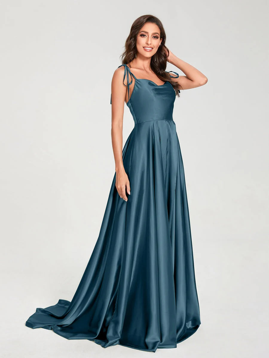 HEULORIA Tie-Shoulder Cowl Neck Satin A-Line Dress with Slit and Train ED-158
