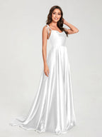 HEULORIA Tie-Shoulder Cowl Neck Satin A-Line Dress with Slit and Train ED-158