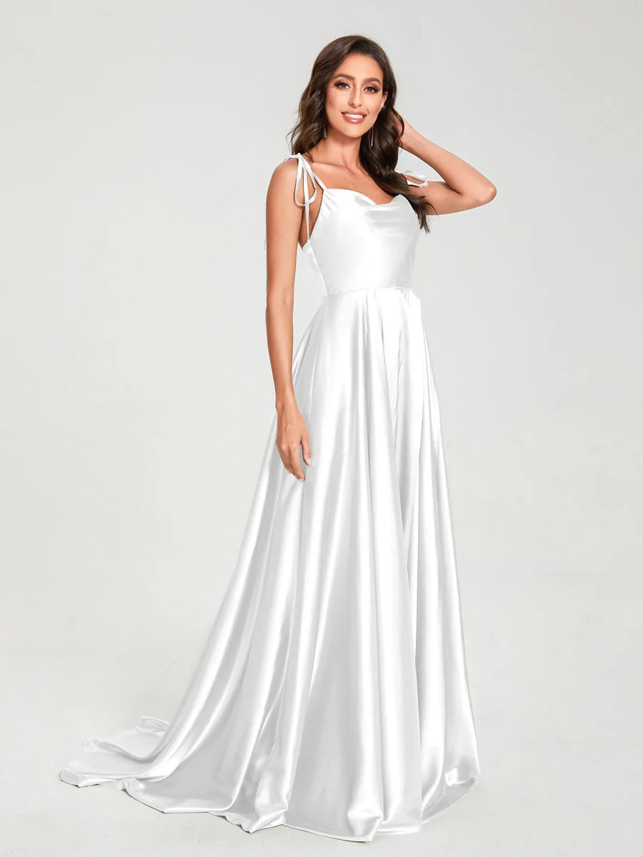 HEULORIA Tie-Shoulder Cowl Neck Satin A-Line Dress with Slit and Train ED-158