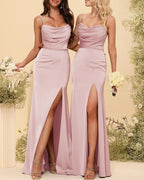 HEULORIA Cowl Neck Satin Bridesmaid Dress with Spaghetti Straps and Slit ED-161