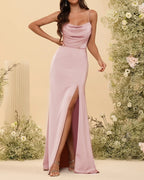 HEULORIA Cowl Neck Satin Bridesmaid Dress with Spaghetti Straps and Slit ED-161