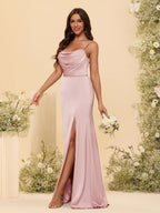 HEULORIA Cowl Neck Satin Bridesmaid Dress with Spaghetti Straps and Slit ED-161
