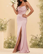 HEULORIA Cowl Neck Satin Bridesmaid Dress with Spaghetti Straps and Slit ED-161