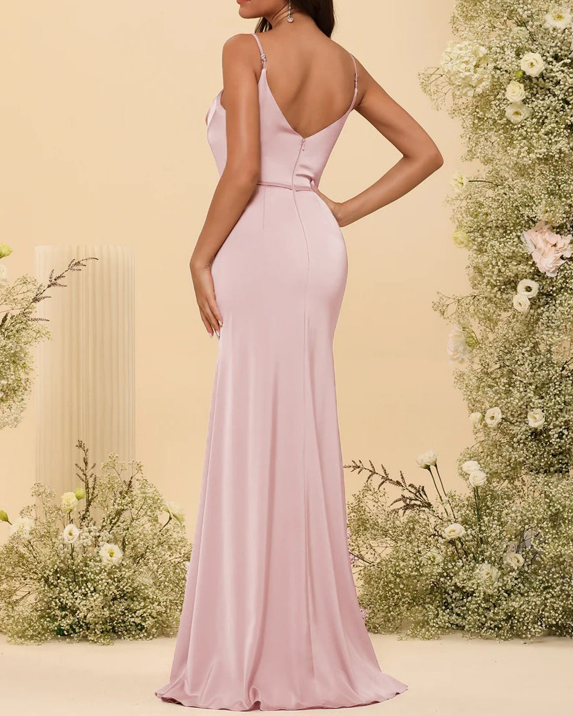 HEULORIA Cowl Neck Satin Bridesmaid Dress with Spaghetti Straps and Slit ED-161