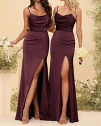 HEULORIA Cowl Neck Satin Bridesmaid Dress with Spaghetti Straps and Slit ED-161