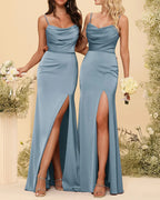 HEULORIA Cowl Neck Satin Bridesmaid Dress with Spaghetti Straps and Slit ED-161