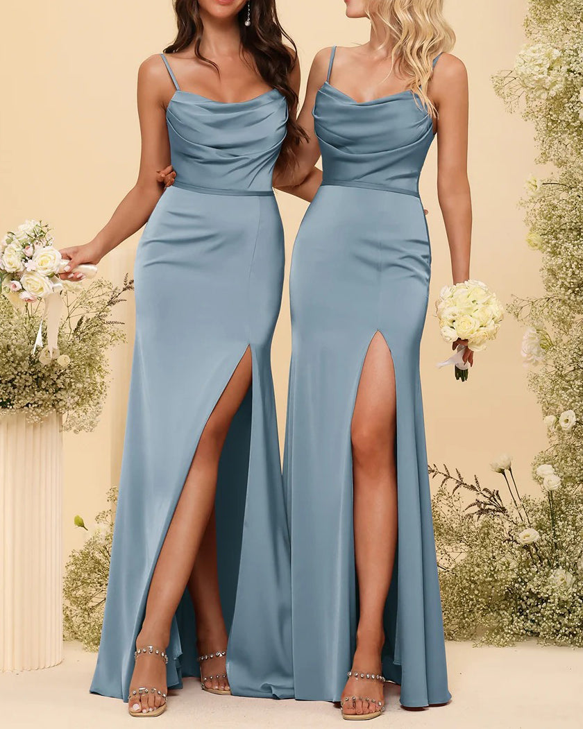 HEULORIA Cowl Neck Satin Bridesmaid Dress with Spaghetti Straps and Slit ED-161