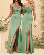 HEULORIA Cowl Neck Satin Bridesmaid Dress with Spaghetti Straps and Slit ED-161