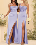 HEULORIA Cowl Neck Satin Bridesmaid Dress with Spaghetti Straps and Slit ED-161