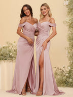 HEULORIA Cold-Shoulder Ruched Satin Bridesmaid Dress with Slit ED-160
