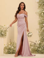 HEULORIA Cold-Shoulder Ruched Satin Bridesmaid Dress with Slit ED-160