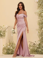 HEULORIA Cold-Shoulder Ruched Satin Bridesmaid Dress with Slit ED-160