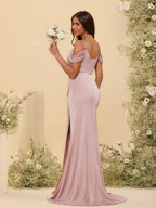 HEULORIA Cold-Shoulder Ruched Satin Bridesmaid Dress with Slit ED-160