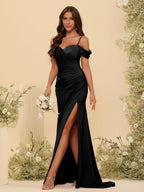 HEULORIA Cold-Shoulder Ruched Satin Bridesmaid Dress with Slit ED-160