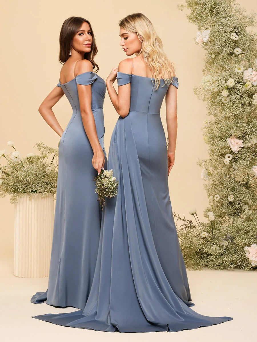 HEULORIA Off-the-Shoulder Ruched Satin Bridesmaid Dress with Slit and Side Drape ED-159