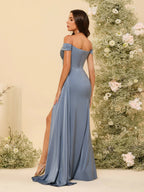 HEULORIA Off-the-Shoulder Ruched Satin Bridesmaid Dress with Slit and Side Drape ED-159