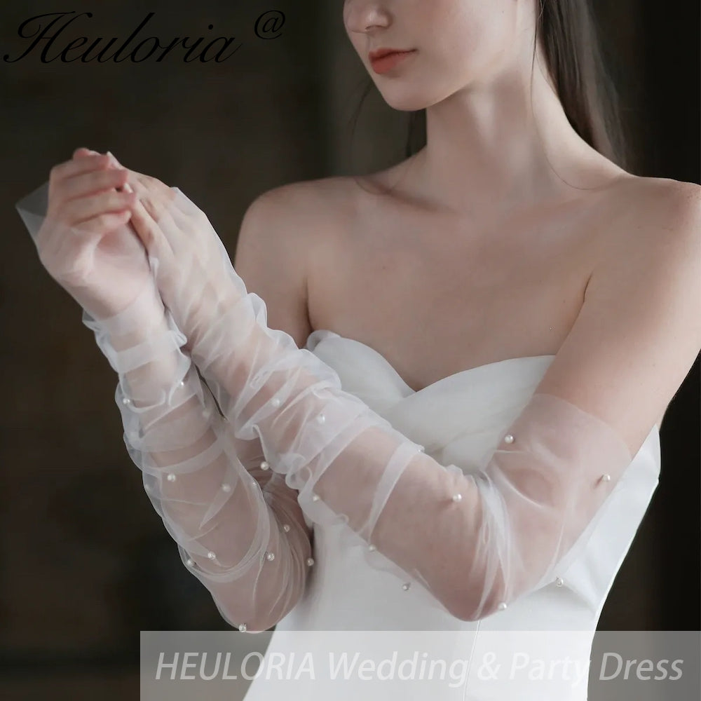 Fingerless Opera Length Tulle Bridal Glove With Pearl GL-04 Imagen secundaria del producto