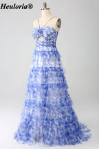 HEULORIA Blue Floral Tiered Tulle A-Line Prom Dress with Cutout Bodice ED-342