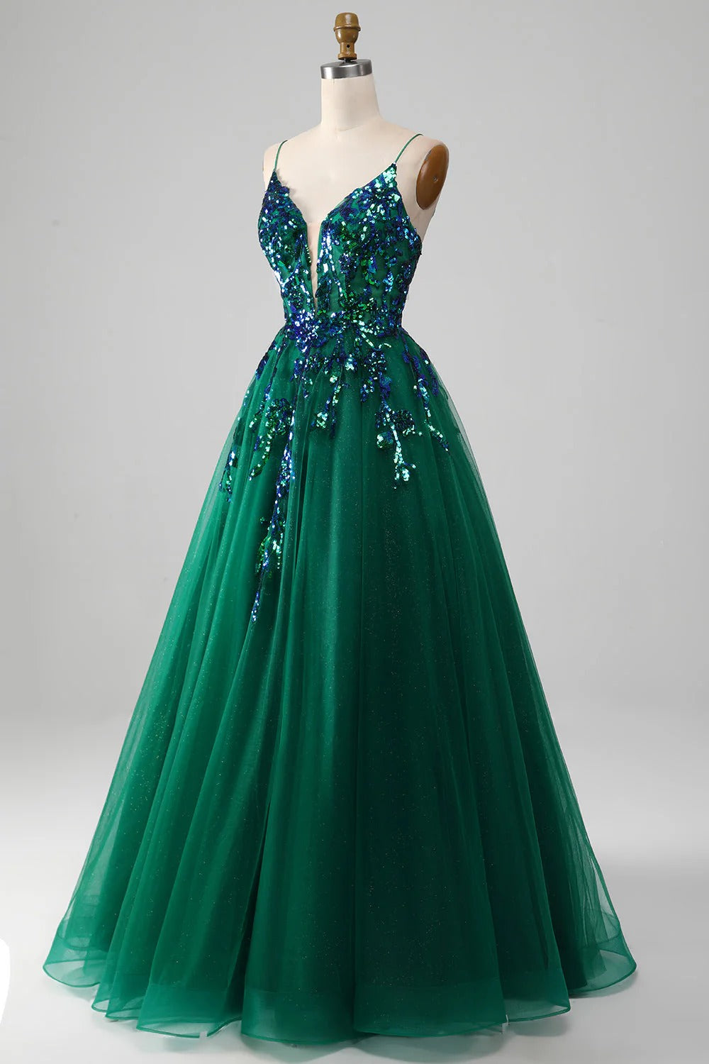 HEULORIA Dark Green Sequin V-Neck Prom Dress: Spaghetti Strap Lace-Up A-Line Formal Gown ED-340
