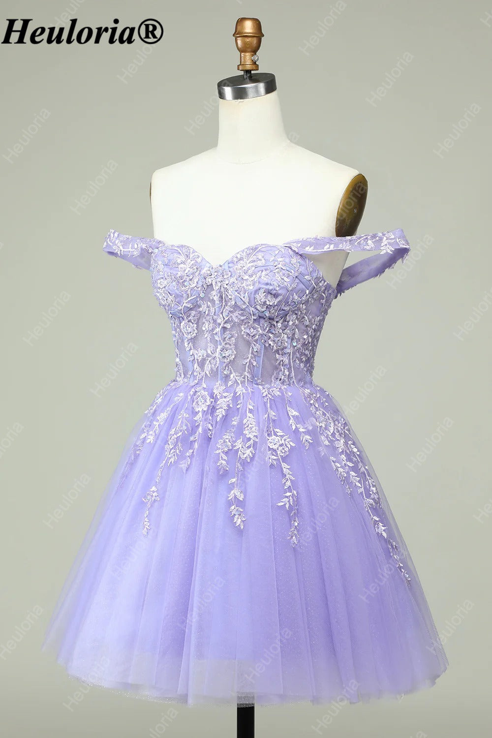 HEULORIA Lavender Off-Shoulder Lace Corset Short Prom Dress ED-282