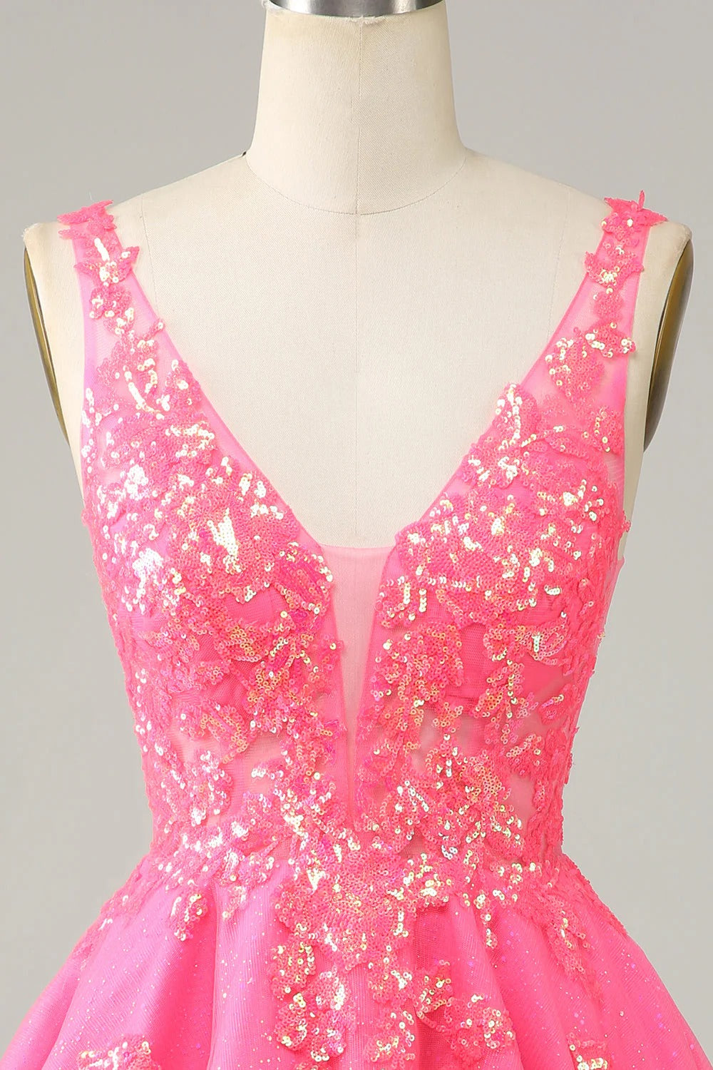 HEULORIA Sparkling V-Neck Sequined Lace Homecoming Dress - Sleeveless A-Line Short Party Gown ED-281