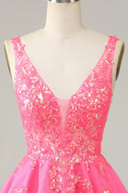 HEULORIA Sparkling V-Neck Sequined Lace Homecoming Dress - Sleeveless A-Line Short Party Gown ED-281