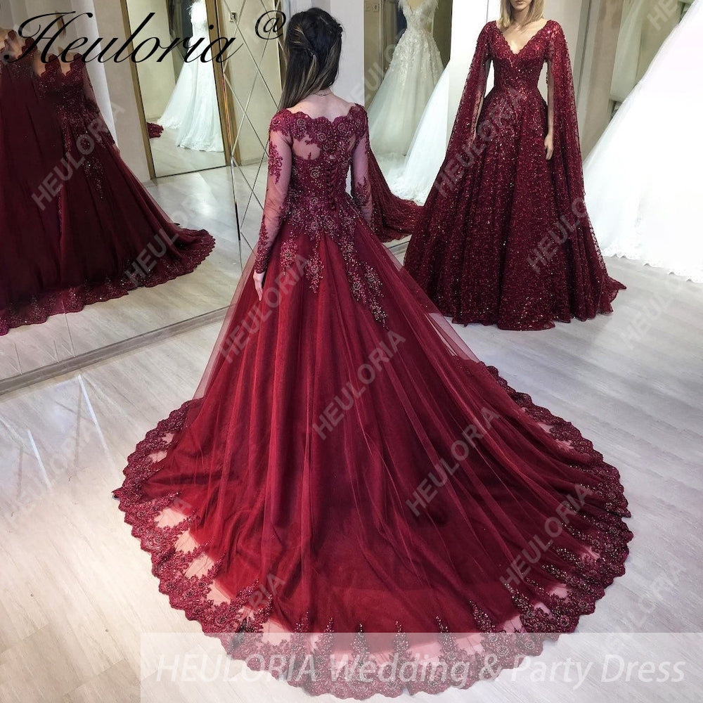 HEULORIA Ball-Gown/Princess Wedding Dress long sleeve V neck beads lace tulle bride dress BA-1252