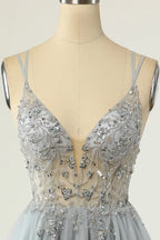 HEULORIA Sparkly Silver-Grey Beaded Tulle Short Prom Dress - Illusion Deep V-Neck & Double Spaghetti Straps ED-305