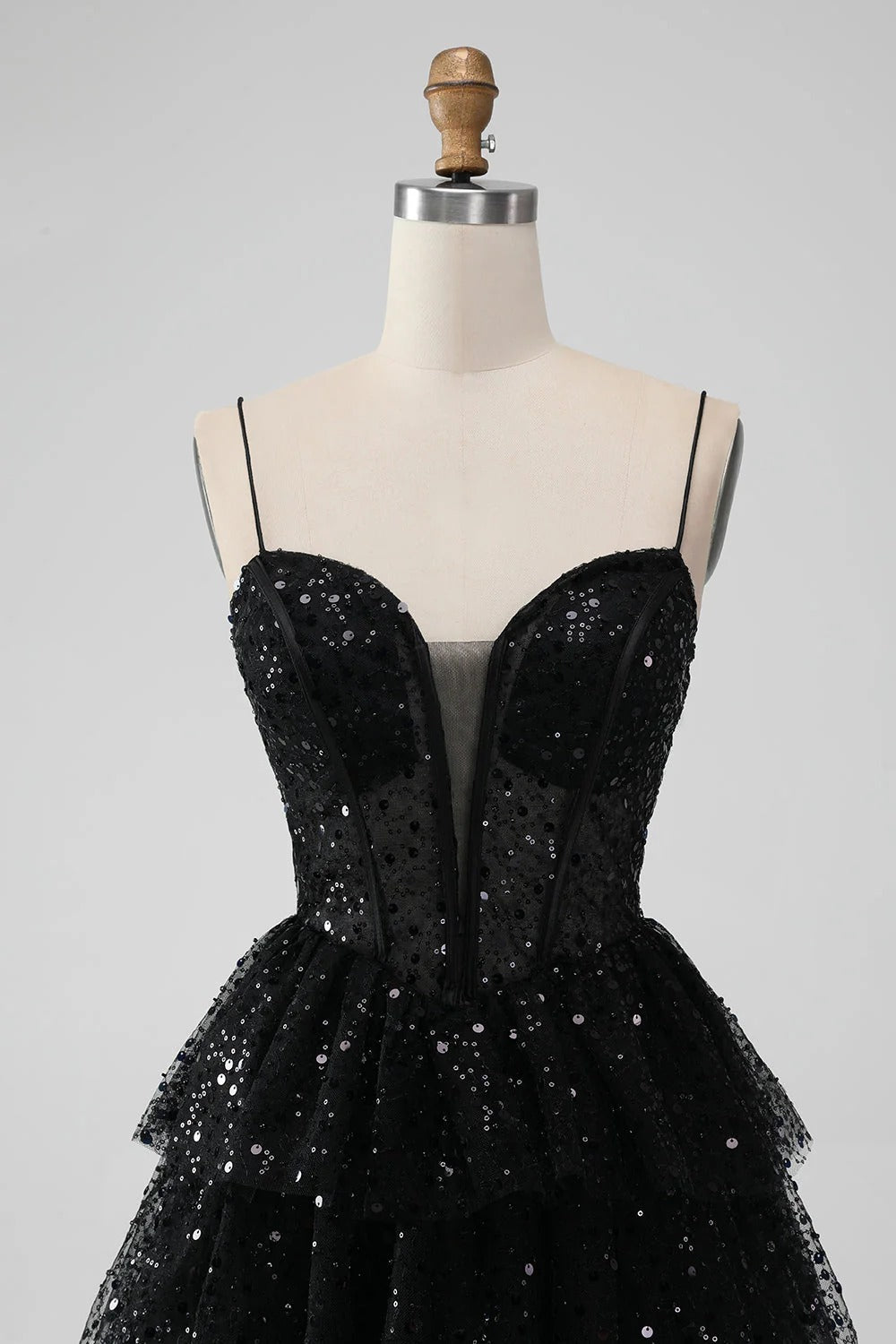 HEULORIA Sparkling Black Sequined Tiered Mini Homecoming Dress - Illusion Deep V & Spaghetti Straps ED-307