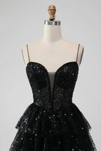 HEULORIA Sparkling Black Sequined Tiered Mini Homecoming Dress - Illusion Deep V & Spaghetti Straps ED-307