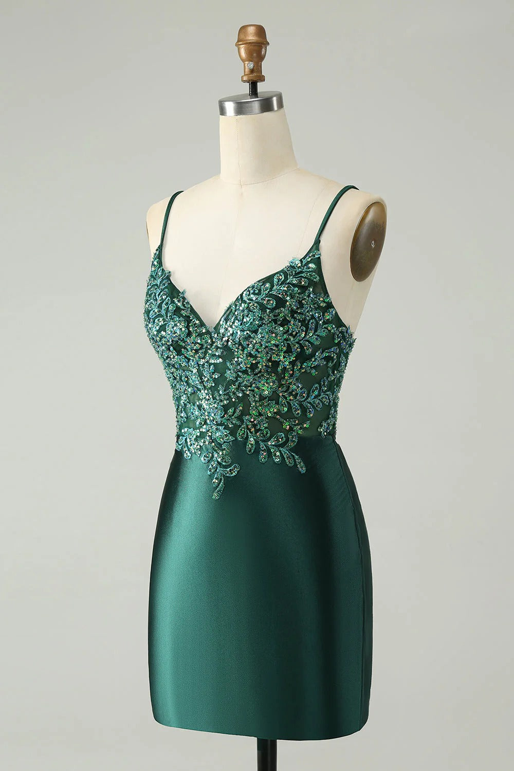 HEULORIA Emerald Green Sequin Lace Bodice Satin Mini Dress - V-Neck Spaghetti Strap Cocktail Party Gown ED-289