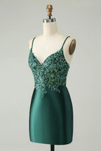 HEULORIA Emerald Green Sequin Lace Bodice Satin Mini Dress - V-Neck Spaghetti Strap Cocktail Party Gown ED-289