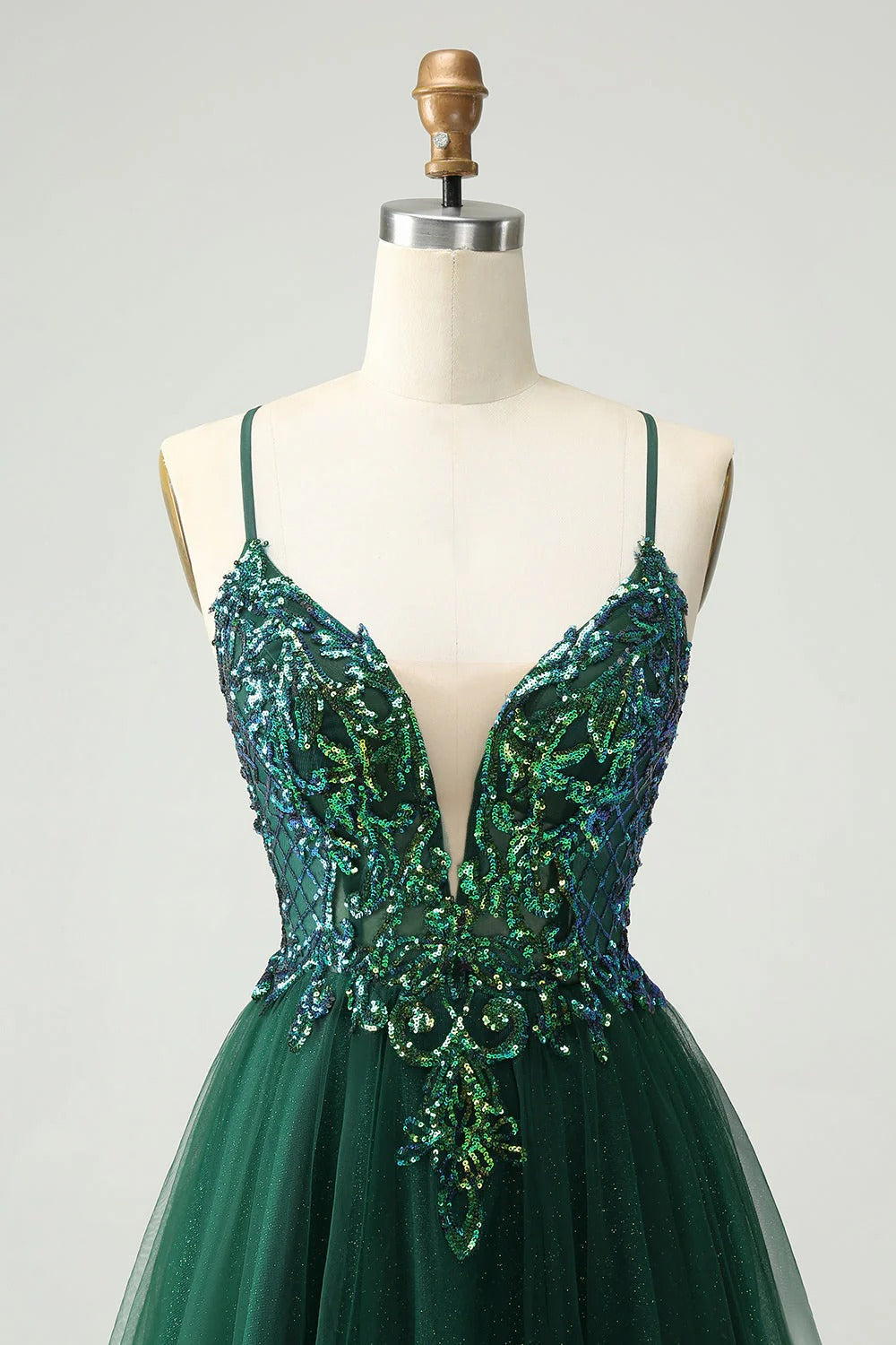 HEULORIA Short Emerald Green V-Neck Sequined Homecoming Dress with Illusion Plunge & Lace-Up Back ED-282