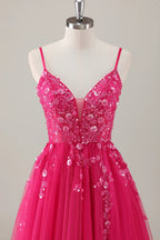 HEULORIA Enchanting 3D Floral Applique V-Neck Tulle A-Line Prom Dress - Corset Back Formal Gown ED-341