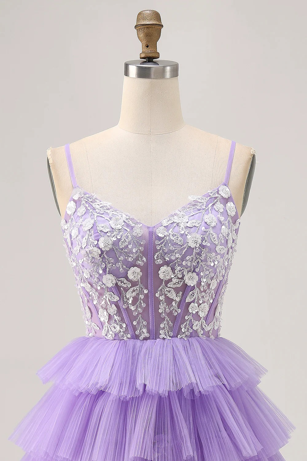 HEULORIA Lavender Tiered Tulle Mini Dress - Sequin Lace Appliqué V-Neck Cocktail Gown ED-294