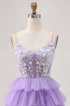 HEULORIA Lavender Tiered Tulle Mini Dress - Sequin Lace Appliqué V-Neck Cocktail Gown ED-294