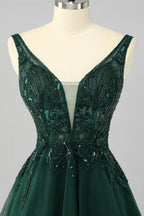 Heuloria Dark Green V-Neck Sequin Homecoming Dress - Short Tulle A-Line Cocktail Gown with Illusion Neckline ED-301