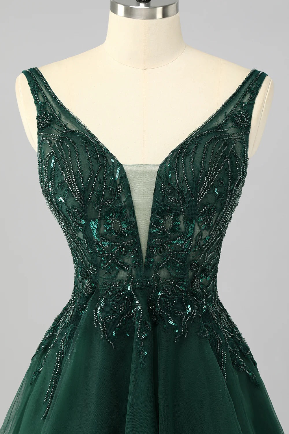 Heuloria Dark Green V-Neck Sequin Homecoming Dress - Short Tulle A-Line Cocktail Gown with Illusion Neckline ED-301