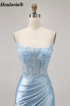 HEULORIA Light Blue Lace Corset Satin Mini Dress with Lace-Up Back ED-296